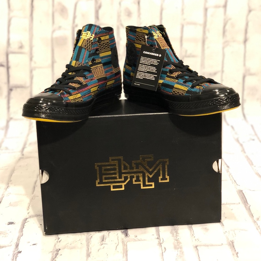 Converse High Top Sneakers in Black, Teal, Yellow and Red Pattern